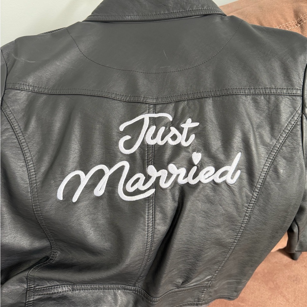 David's Bridal Black Leather 'Just Married' Jacket